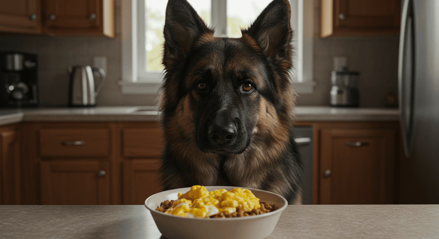 a german shepherd looks at a bowl of food on a counter