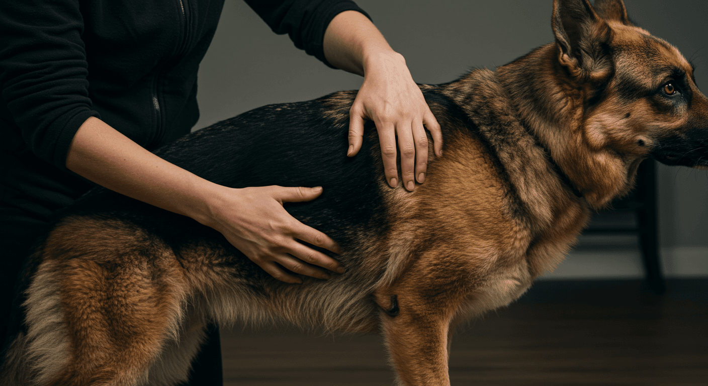 a woman is petting a german shepherd 's back