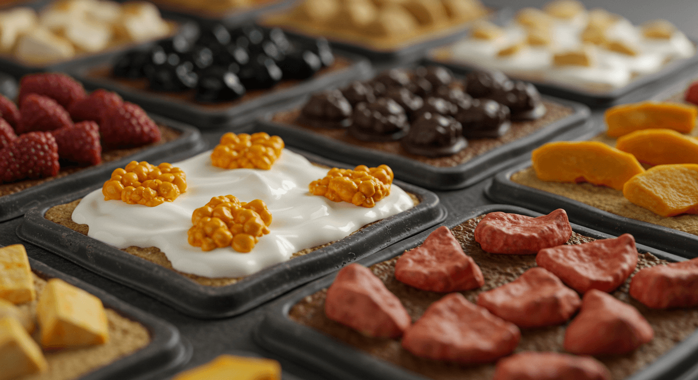 a variety of food are displayed on a lick mats