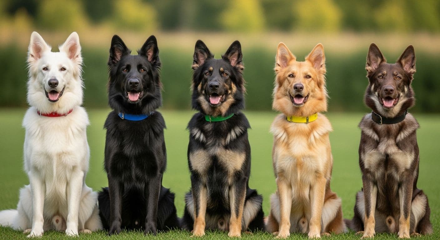 Five German Shepherds of various colors sitting on grass.