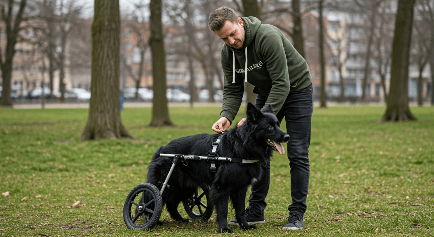Man in a green hoodie adjusting a rear-support wheelchair for his black long-haired German Shepherd in a park.
