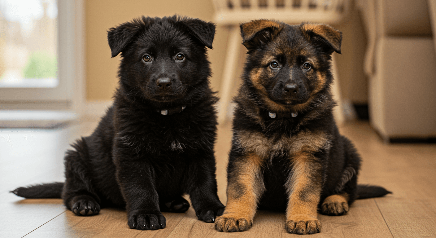two puppies are sitting next to each other on a wooden floor